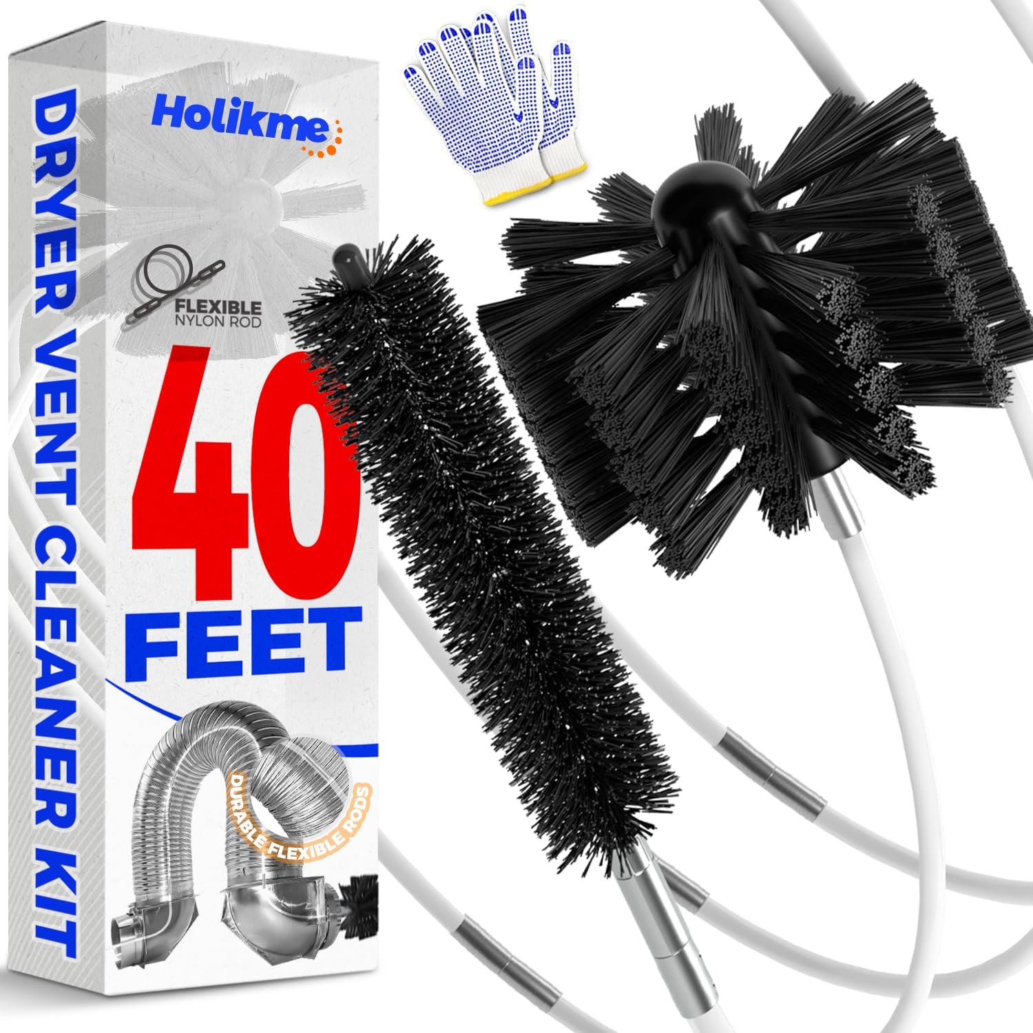 Holikme 40 Feet Dryer Vent Cleaner Kit Flexible Lint Brush with Drill Attachment, Extends Up to 40 Feet for Easy Cleaning, Synthetic Brush Head, Use with or Without a Power Drill