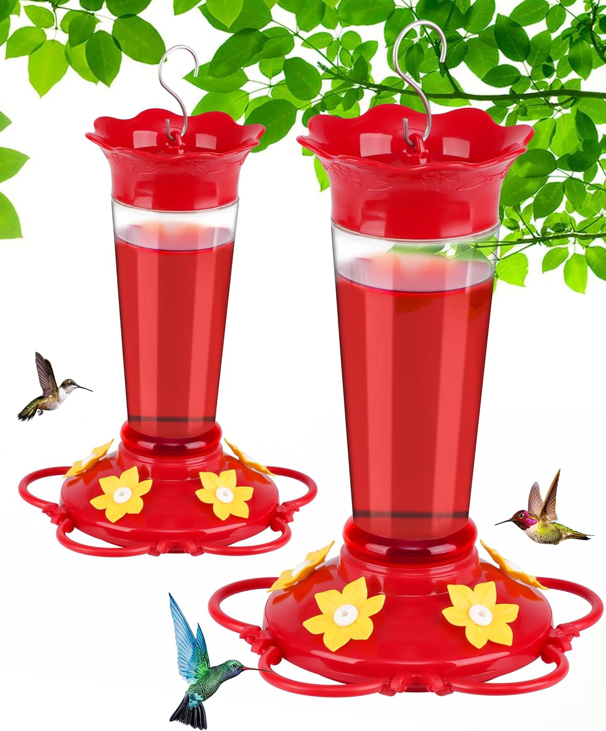 FEED GARDEN 10 OZ Hummingbird Feeders for Outdoors Hanging Ant and Bee Proof, 2 Pack Plastic Humming Birds Feeders for Outside with 5 Feeding Ports, Red Hanging Mount Hummingbird Feeder Easy Clean