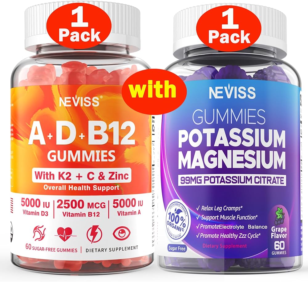 NEVISS 1Pack Vitamin ADK with B12   1Pack Potassium Magnesium Gummies