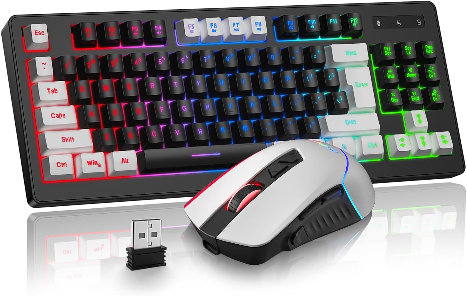 Wireless Gaming Keyboard and Mouse Combo, RGB Rainbow Backlit Rechargeable Battery, 87 Keys TKL Light Up Keyboard with Ergonomic Gaming Mouse for Mac Laptop Computer PC Gamer(White & Black)