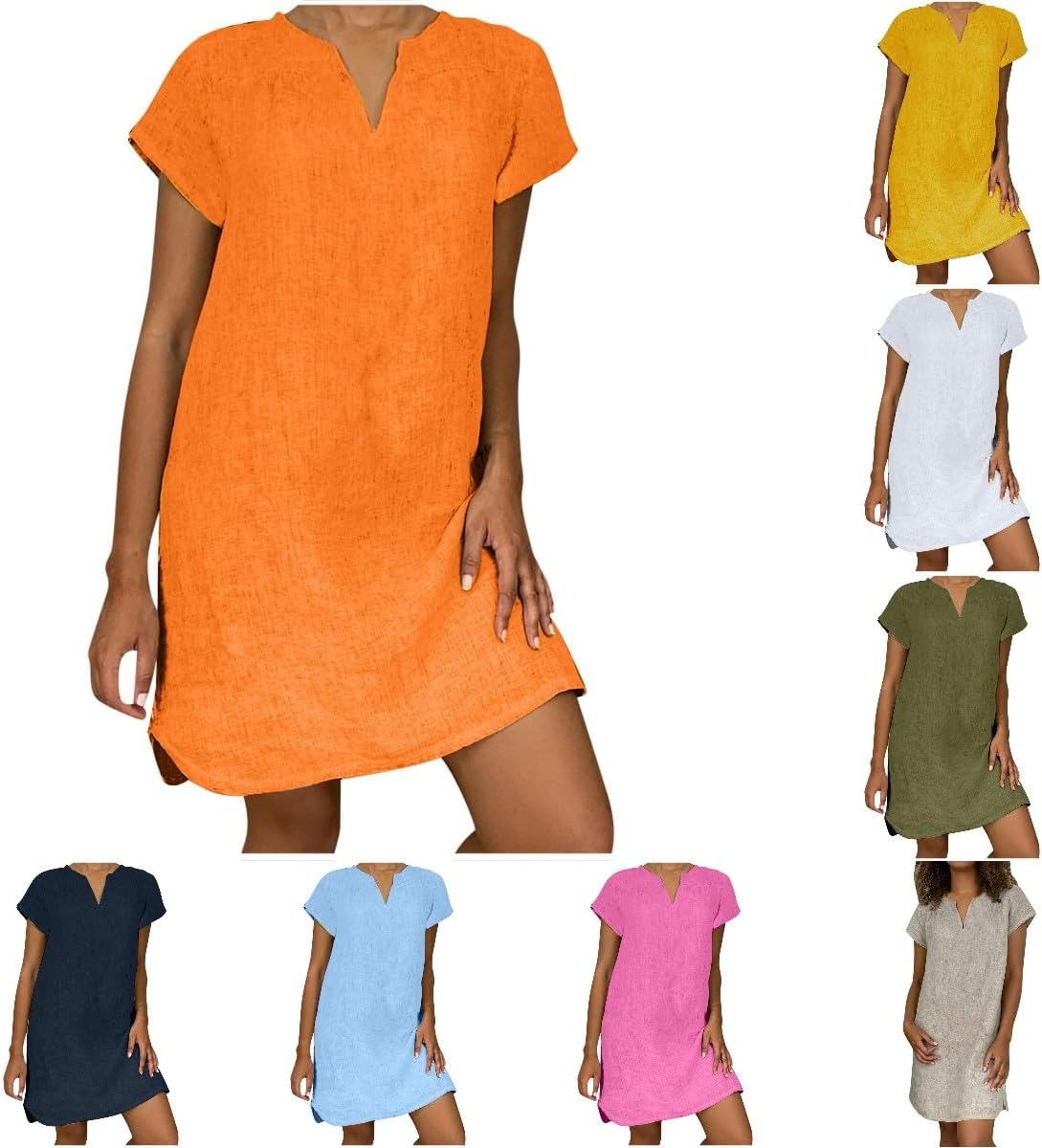 DASAYO Plus Size Linen Dresses for Women Short Sleeve Summer Tshirt Dress V Neck Loose Fit Solid Color Trendy Dresses