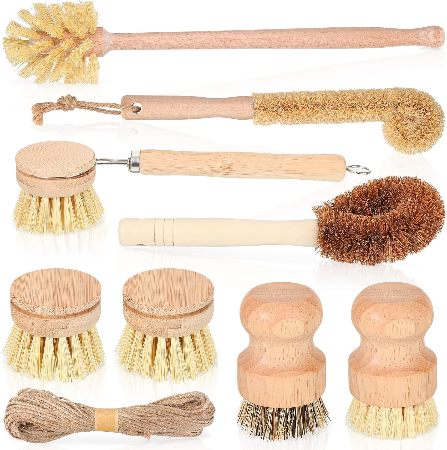 Nuenen Bamboo Dish Brush Set with Natural Sisal Bristles, 8 Pcs Cleaning Brush Kit for Pots, Pans, Bottles, Sink, Vegetables, Household Cleaning