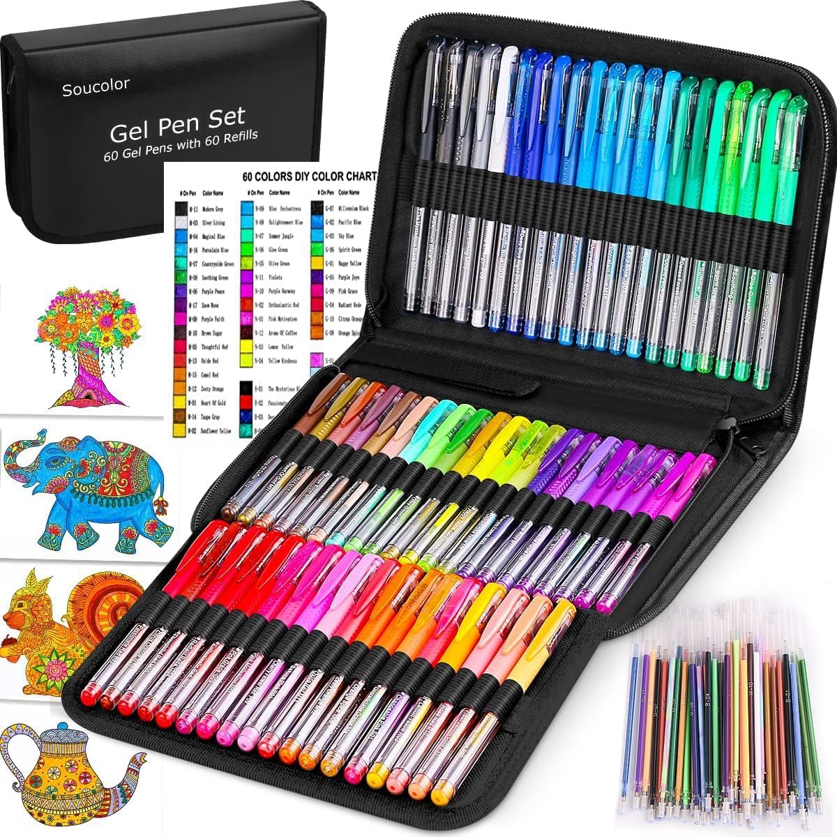 Soucolor 60 Colored Gel Pens for Adult Coloring Books, Deluxe 120 Pack- 60 Refills and Travel Case, with 40% More Ink Markers Set for Drawing Journaling Scrapbooking Art Kit Supplies