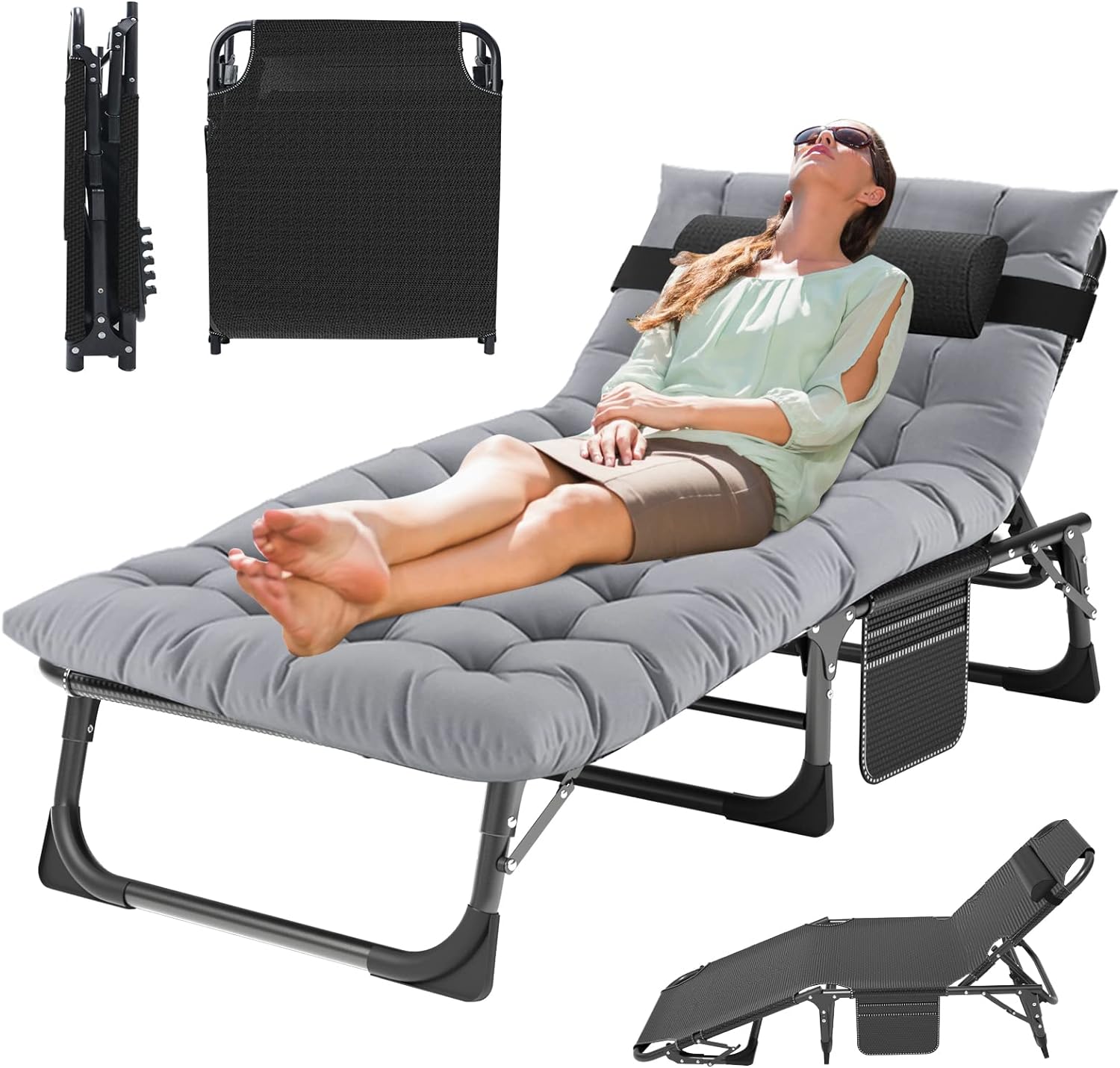 MOPHOTO Folding Lounge Chair 5-Position, Folding Cot, Portable Outdoor Folding Chaise Lounge Chair for Sun Tanning, Perfect for Pool Beach Patio Sunbathing