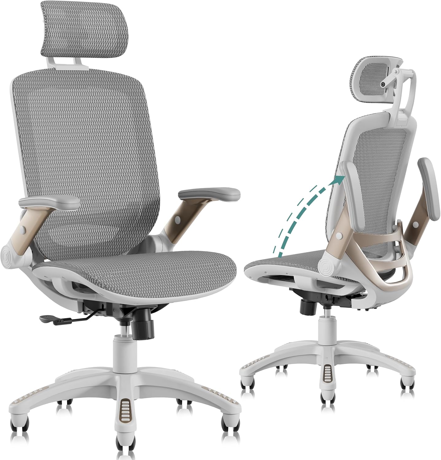 GABRYLLY Ergonomic Office Chair, High Back Home Desk Chair with Headrest, Flip-Up Arms, 90-120 Tilt Lock and Wide Cushion, Big and Tall Mesh Chairs for Man Woman, White Task Chair