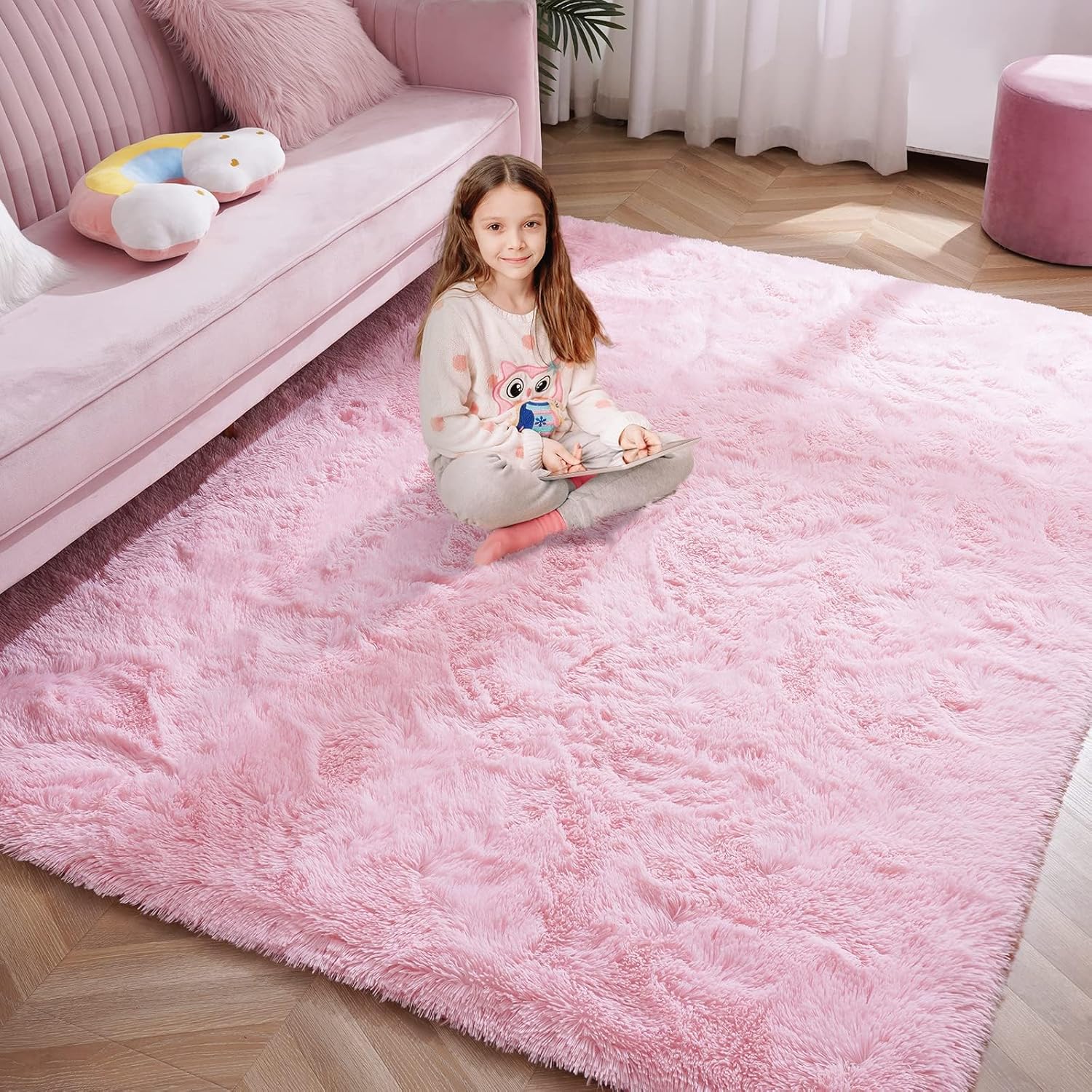 Softlife Ultra Soft Fluffy Area Rugs for Bedroom, Girls and Boys Room Kids Room Nursery Rug, 4 x 5.3 Feet Pink Shaggy Fur Indoor Plush Modern Floor Carpet for Living Room Christmas Decor