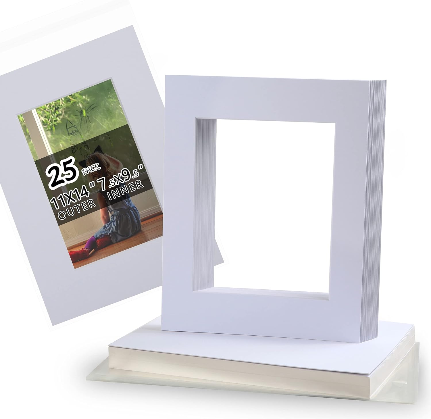 Acid Free 25 Pack 11x14 Pre-Cut Mat Board Show Kit for 8x10 Photos, Prints or Artworks, 25 Core Bevel Cut Matts and 25 Backing Boards and 25 Crystal Plastic Bags, White