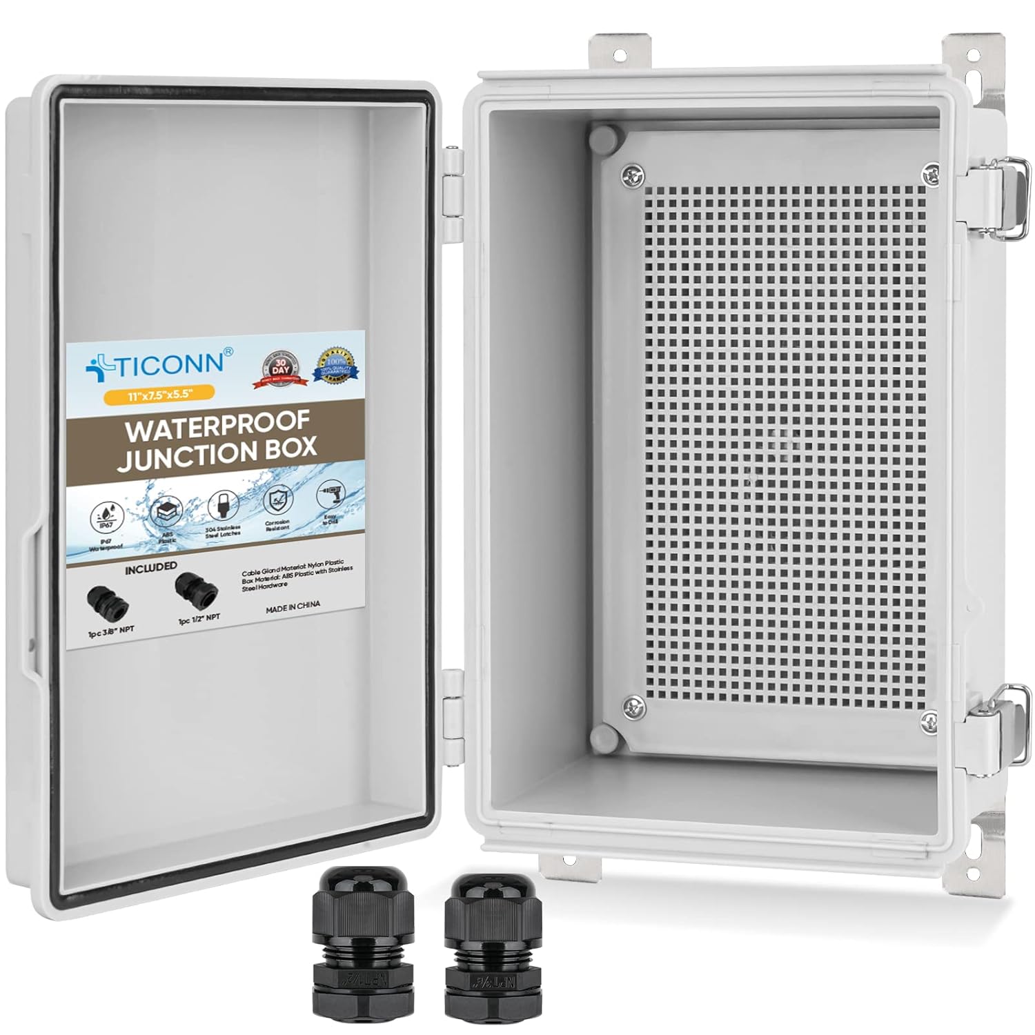 TICONN Waterproof Electrical Junction Box IP67 ABS Plastic Enclosure with Hinged Cover with Mounting Plate, Wall Brackets, Cable Glands (Off-white, 11x7.5x5.5)