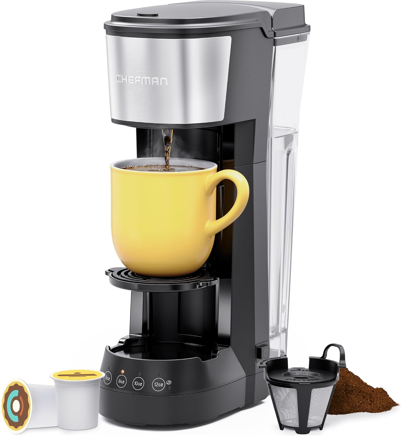 Chefman INSTACOFFEE MAX+ Pod & Coffee Ground Brewer with Lift & Water Reservoir-LR, 14 Ounces, Black