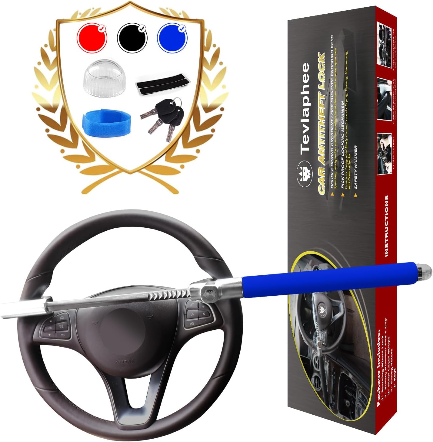 Tevlaphee Steering Wheel Lock Anti-Theft Car Device, Blue, Key Lock, Protects Against Prying, Sawing, Hammering, and Freon Attacks