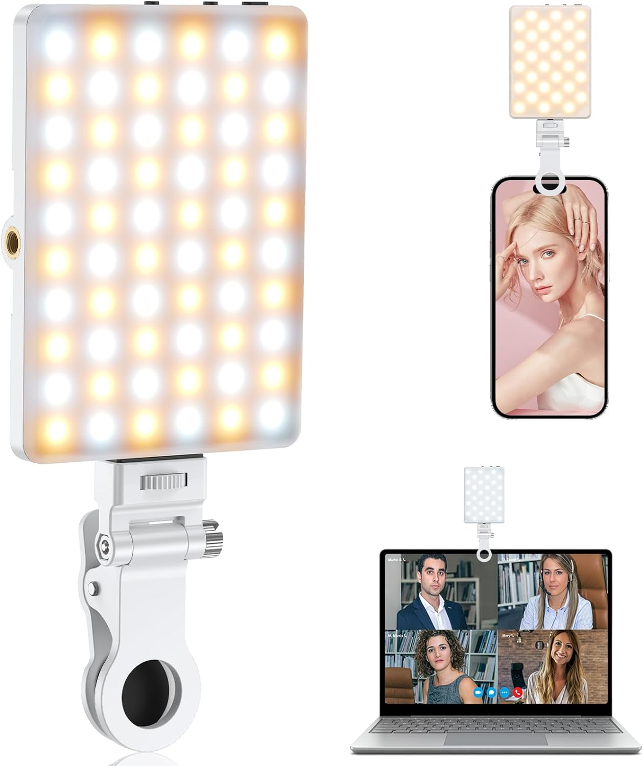 TONEOF Portable Selfie Light,Rechargable 60 LED Phone Light with Clip & Double 1/4" Screw Hole,2500k-9000K Dimmable Light for iPhone,Android,Laptop,Tablet,Selfie/Video Conference (White)