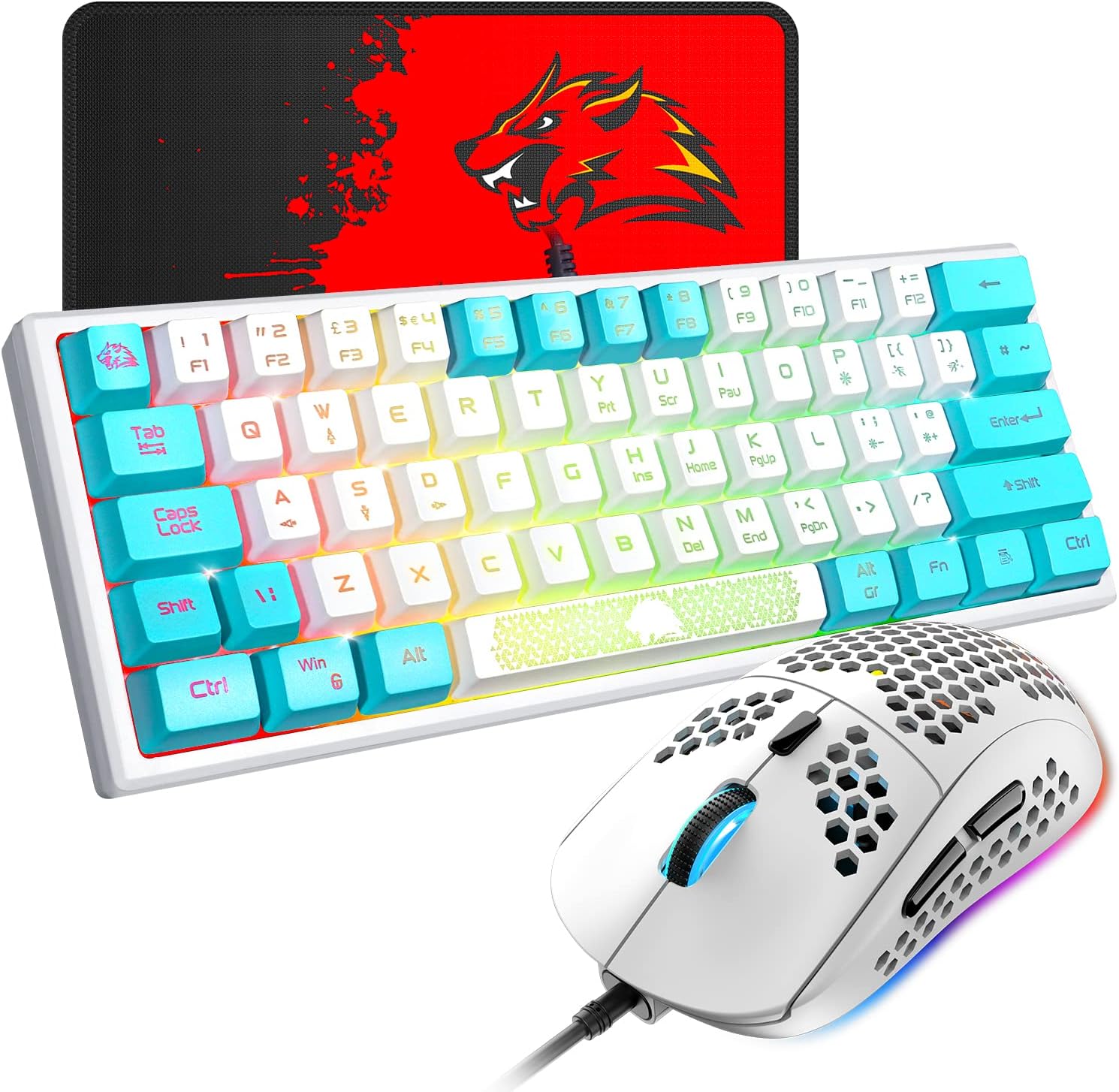 60%25 Gaming Keyboard and Mouse Combo Samll Mini RGB Backlight Mechanical Feeling and Mechanical RGB 6400 DPI Honeycomb Optical Mouse,Gaming Mouse pad for Gamers and Typists (White %26 Blue)