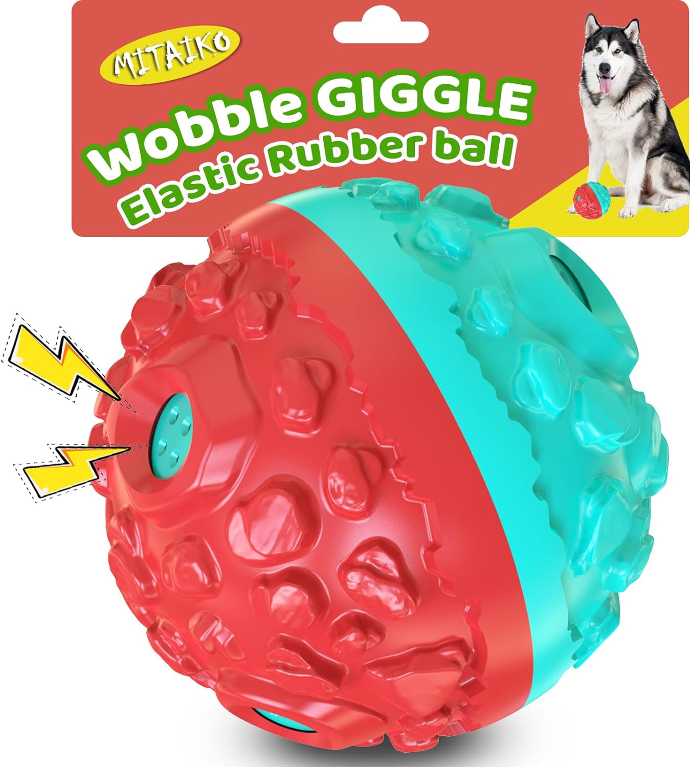 MITAIKO Dog Toy Ball for Aggressive Chewers, Interactive Fetch Dog Ball with Fun Squeaky Wobble Giggle Sound, Durable for Small Medium Large Dogs, Non-Toxic Elastic Rubber Pet Chew Toys, Blue & Red