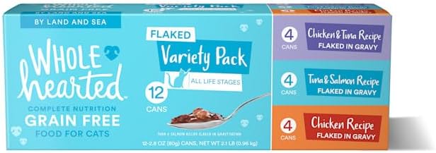 WholeHearted Grain Free by Land and Sea Flaked Wet Cat Food Variety Pack for All Life Stages, 2.8 oz., Count of 12