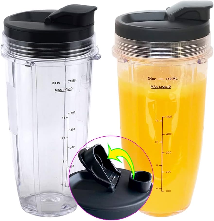 Replacement 24oz Nutri Ninja Blender Cup with Sip & Seal Lid For BL450 BL456 BL480 BL482 BL640 BL642 BL682 BN401 BN751 BN801 Foodi SS101 SS151 SS351 SS401 Ninja Blender Auto IQ Blade, 2-Pack ��