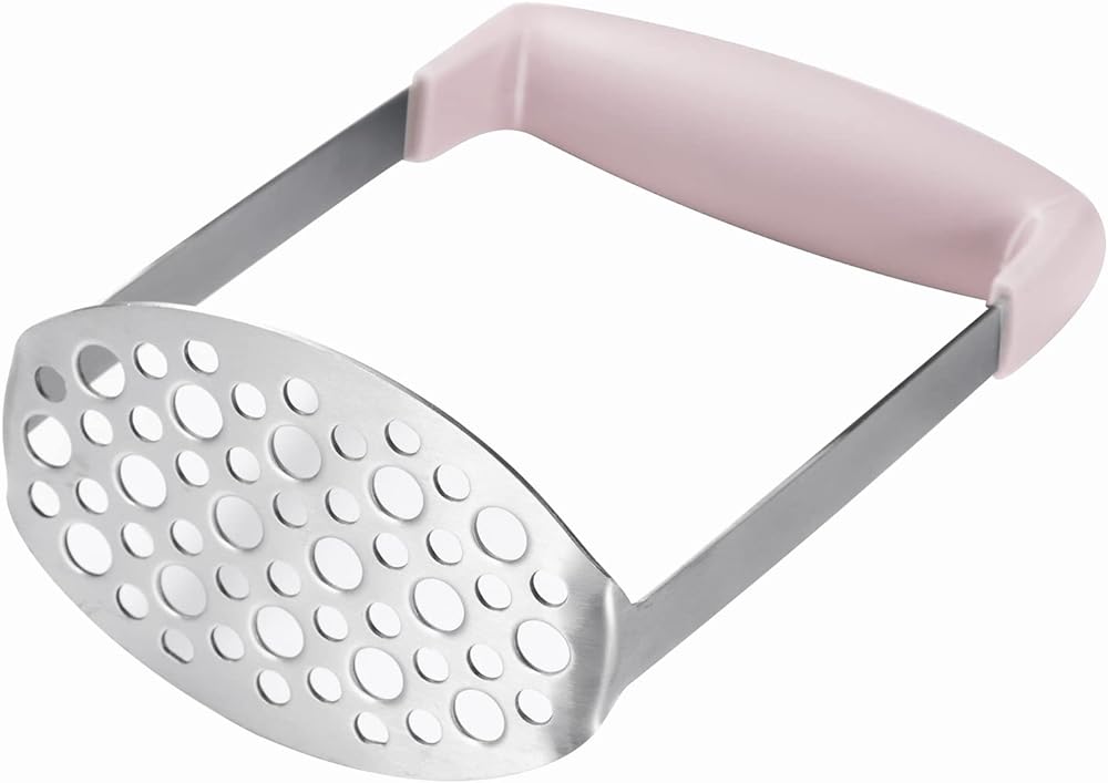 Social Chef Hand Held Potato Masher - Professional Stainless Steel with Soft Comfort Handles Food Masher - Great for Potatoes, Beans, Vegetable, Fruits, Avocado, Meat (Pink)