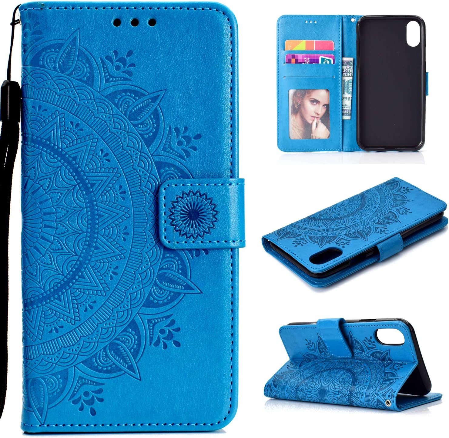 EYZUTAK Mandala Phone Cover for Xiaomi Redmi 9A/9AT/9i, Premium PU Leather Flip Case 3 Card Slot 1 Cash Slot Magnetic Closure with Stand Function and Lanyard Foldable Embossing Pattern Case - Blue