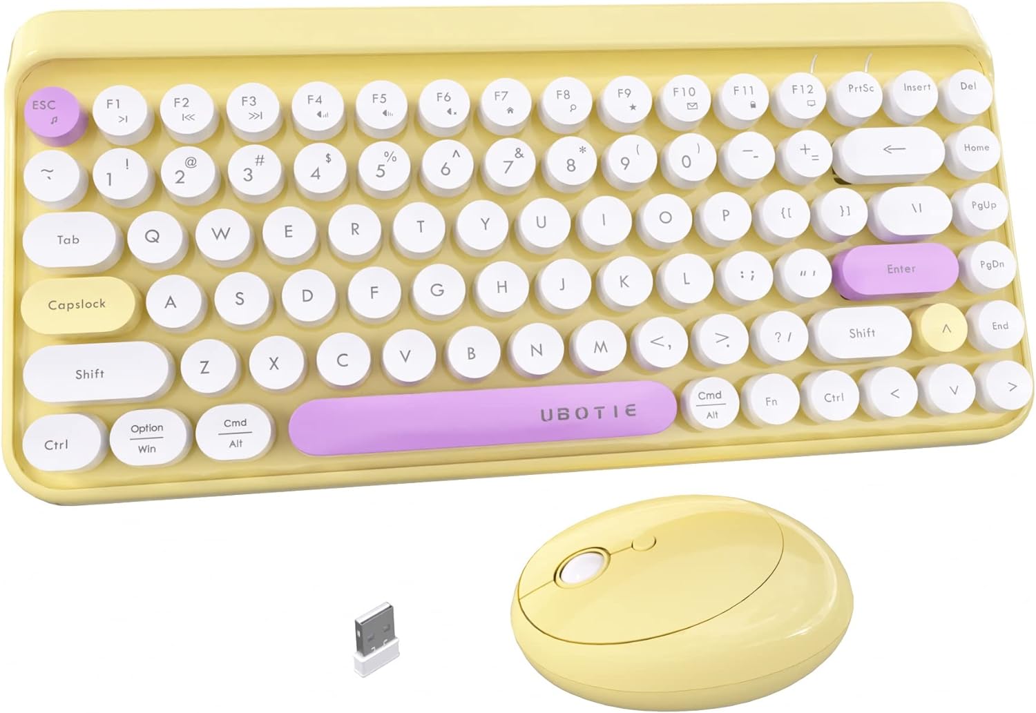 UBOTIE 84Keys Colorful Wireless Computer Keyboards and Mice Combos, Mini Compact Retro Typewriter Design Laptop Keyboards with 2.4GHz USB Nano (Yellow)