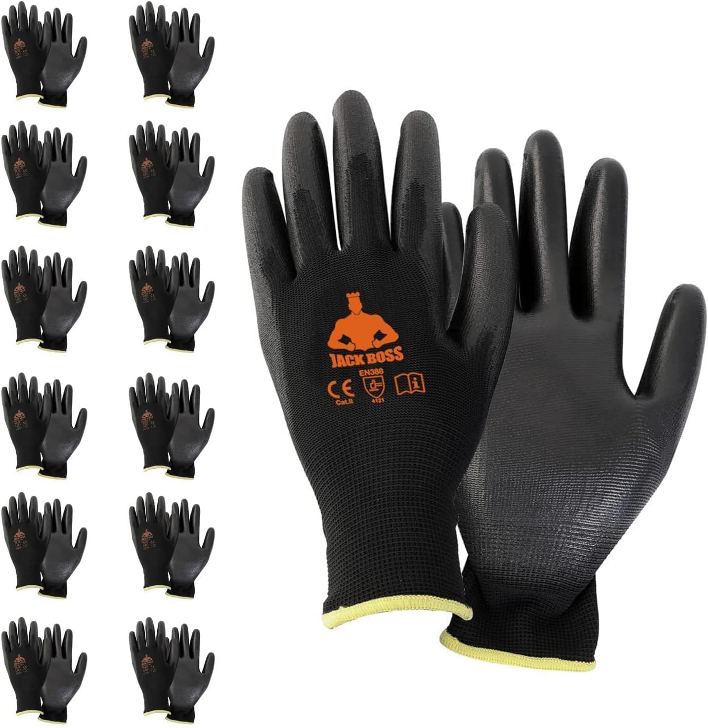 Jack Boss 12 Pairs Safety Work Gloves for Men & Women With PU Coated Grip On Palm & Fingers Seamless Knit Working Gloves