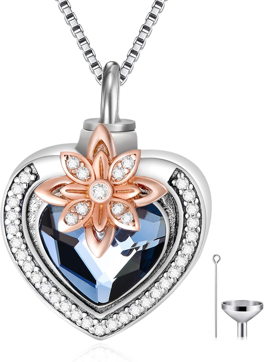 AOBOCO Cremation Jewelry 925 Sterling Silver Heart Flower Butterfly Urn Necklace for Ashes, Cremation Keepsake Necklace Embellished with Austrian Crystal, Women Memorial Jewelry