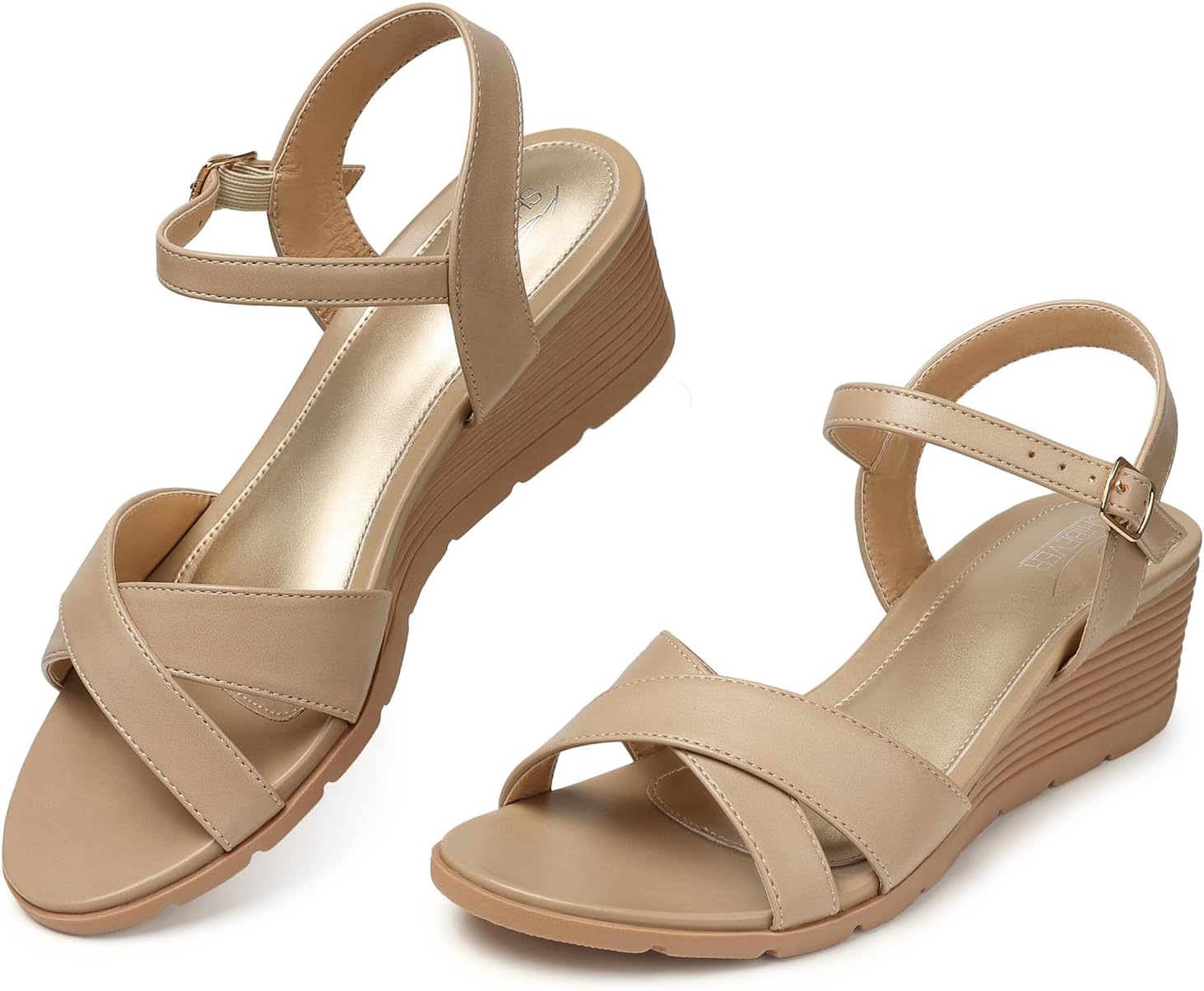 SHIBEVER Womens Sandals Wedge Comfortable: Buckle Ankle Strap Wedge Sandal - Nude Sandals Women - Dressy Summer Size 9