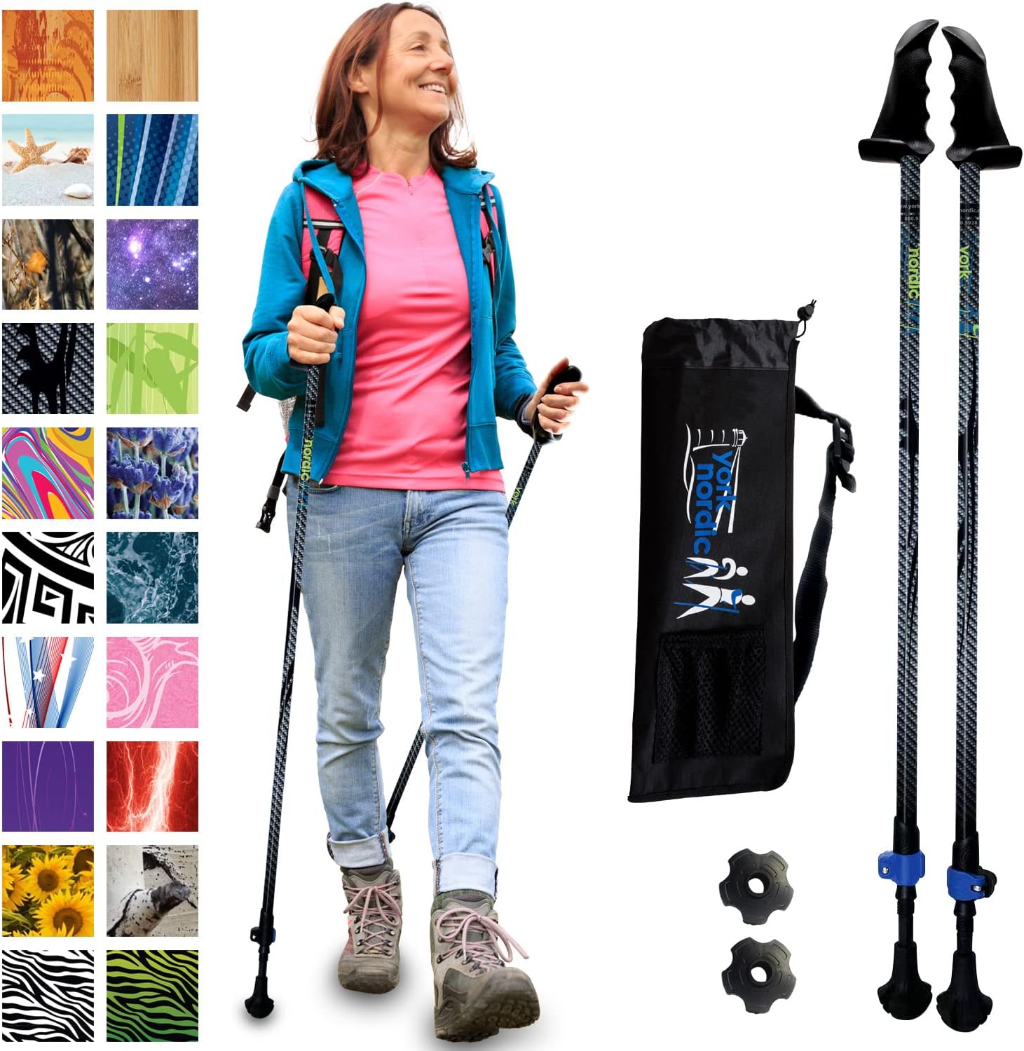 York Nordic Motivator Walking Poles for Balance and Rehab - Patented Stability Grips - Lightweight, Adjustable, and Collapsible - 2 Pieces Adjustable w/flip Locks - Heights 4'6 up to 6'2 - 230 lbs