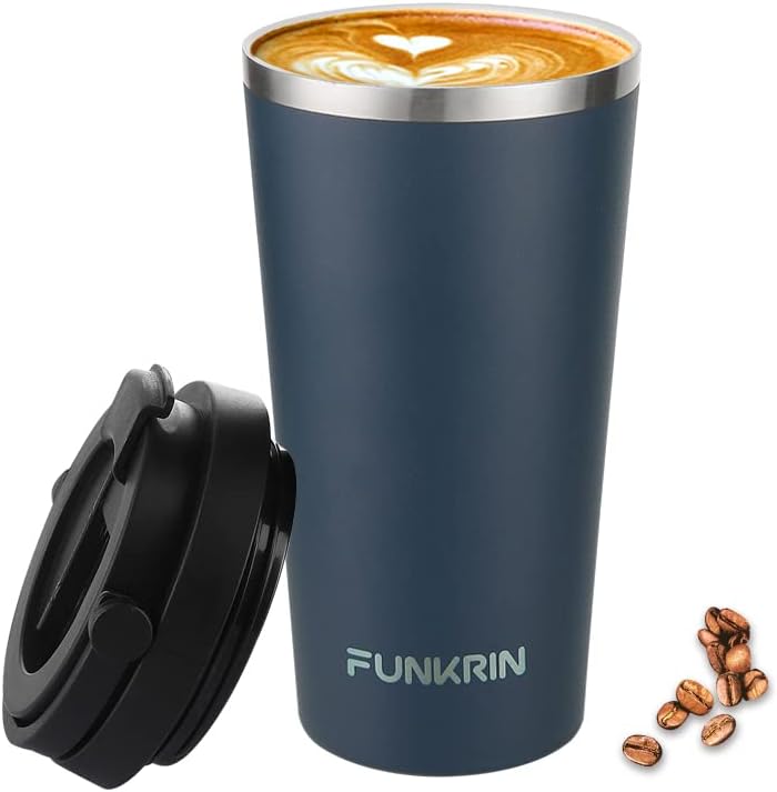 Funkrin Insulated Coffee Mug with Ceramic Coating, 16oz Iced Coffee Tumbler Cup with Flip Lid and Handle, Double Wall Vacuum Leak-Proof Thermos Mug for Travel Office School Party Camping