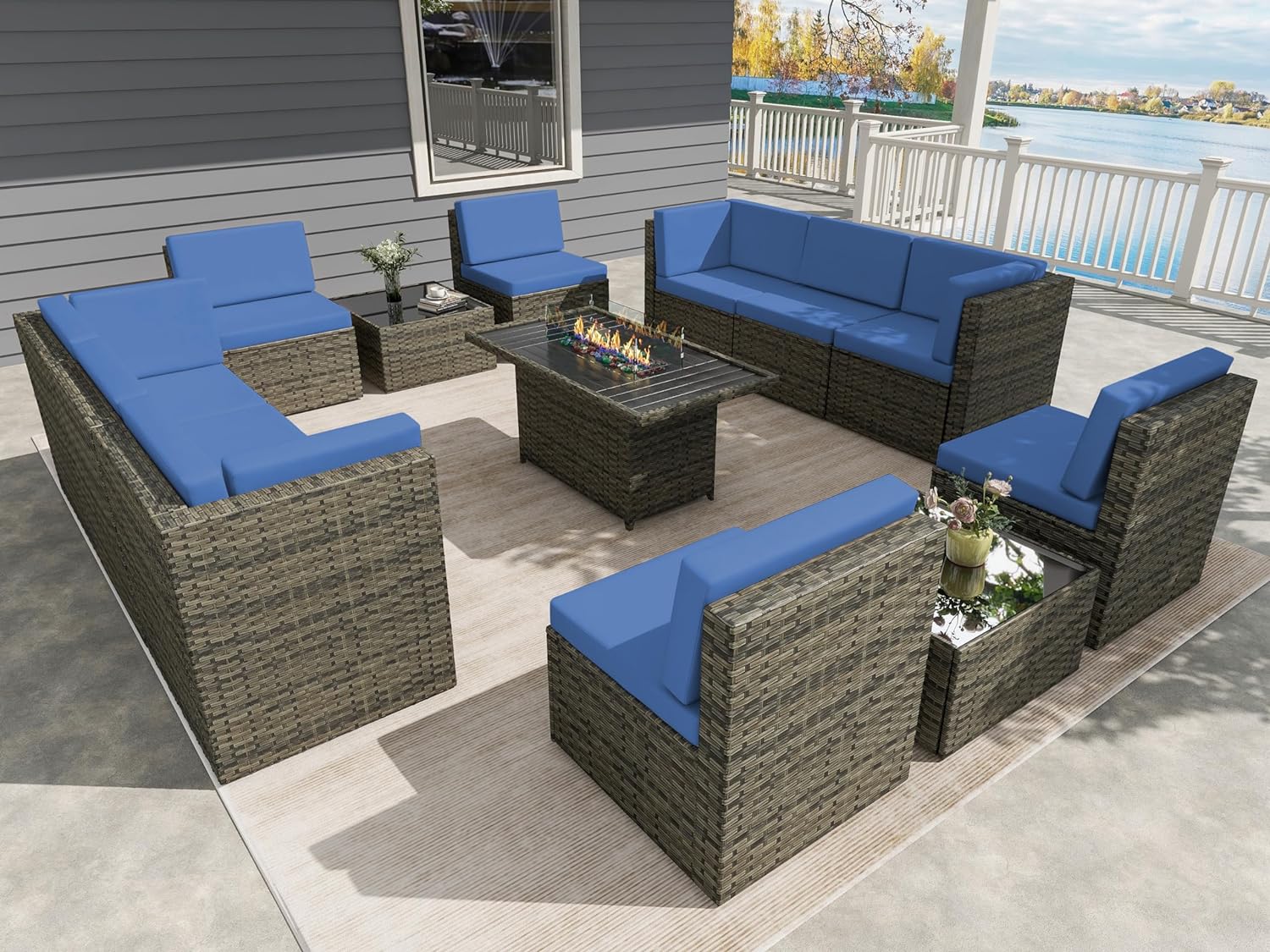 UIXE Outdoor Patio Furniture Sets with Propane Fire Pit Table, 13 Pieces Wicker Patio Sectional Sofa Lounge Couch Seating PE Rattan Conversation Set Includes 45" Gas Fire Table, Navy Blue