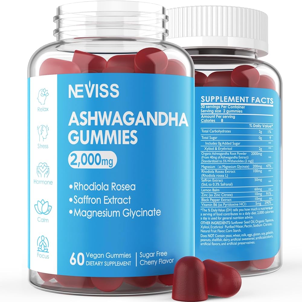 Nevissbags Sugar Free Ashwagandha Gummies 2000mg - with Magnesium Glycinate, Rhodiola Rosea, Saffron, Zinc, Lemon Balm, B6 - Relaxation Support, Natural Zzz, Stamina, Energy for Men Women - 60 Counts