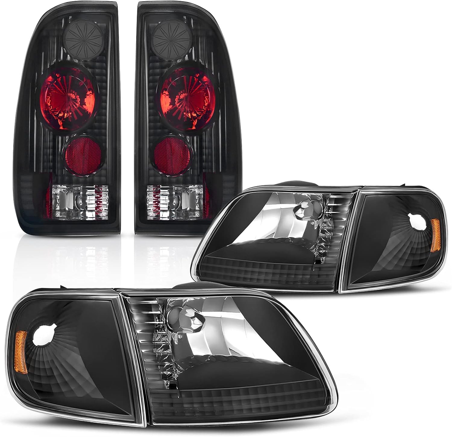 DWVO Headlights Tail Lights Assembly Compatible with Ford F-150 1997 1998 1999 2000 2001 2002 2003 2004 Black Housing Headlights + Smoke Lens Taillights Combo (Does Not Fit Supercrew Models)