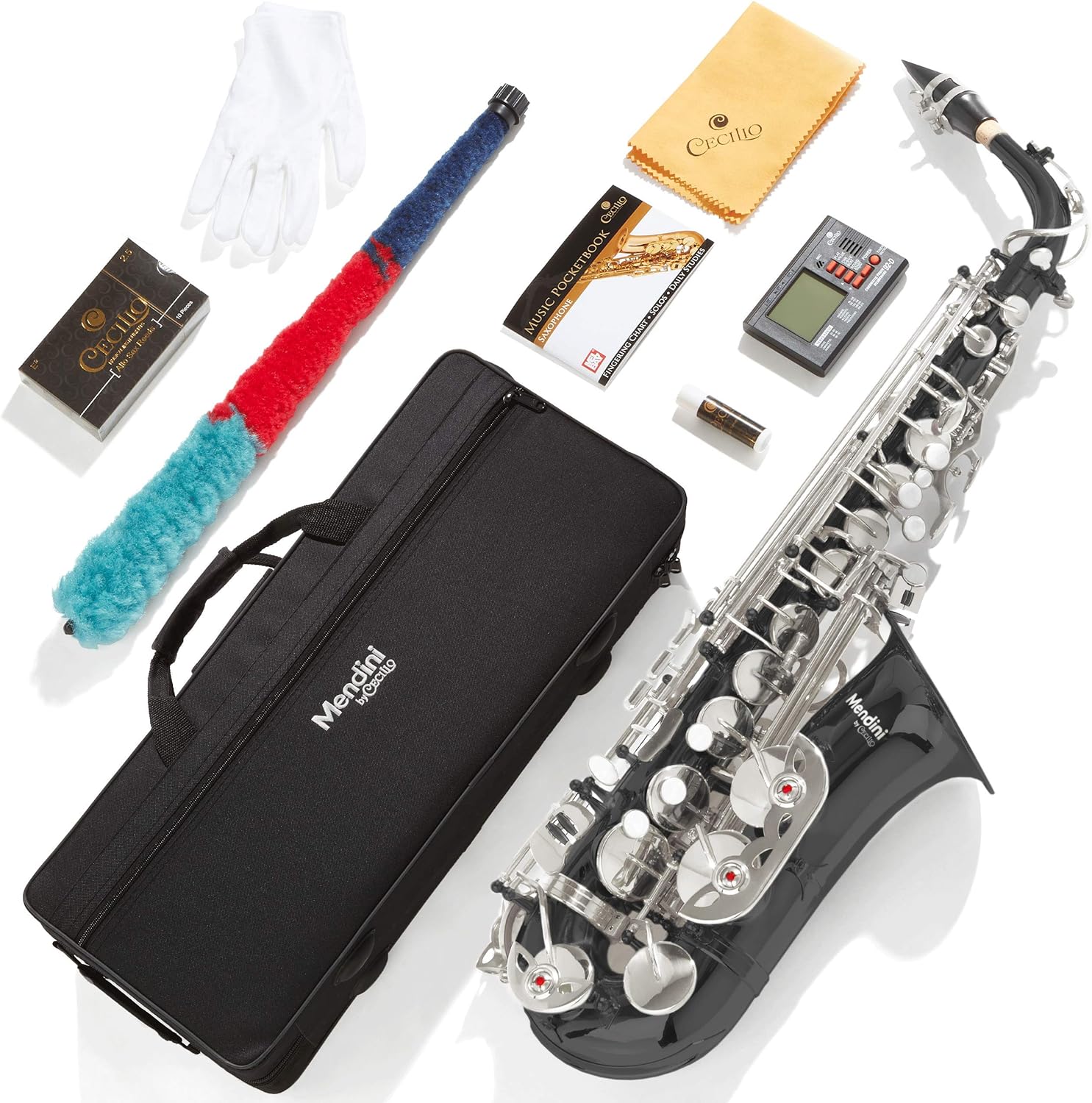 Mendini By Cecilio Eb Alto Saxophone - Case, Tuner, Mouthpiece, 10 Reeds, Pocketbook - Black & NickelE Flat Musical Instruments