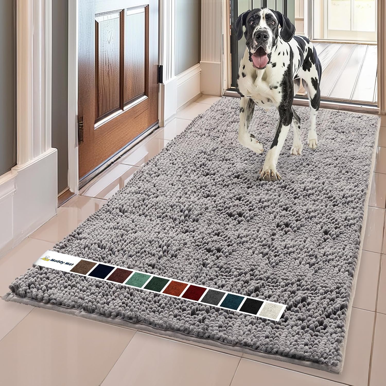 Muddy Mat AS-SEEN-ON-TV Highly Absorbent Microfiber Door Mat and Pet Rug, Non Slip Thick Washable Area and Bath Mat Soft Chenille for Kitchen Bathroom Bedroom Indoor and Outdoor - Grey XL 59X35