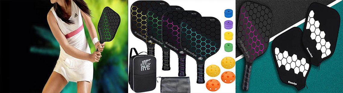 JoncAye Pickleball-Paddles-Set of 4 Rackets and Balls w/case, Grip Tapes | USAPA Approved Pickle-Ball Equipment w/Accessories | Fiberglass Pickleball Racquet Set for Men, Women, Kids, Adults