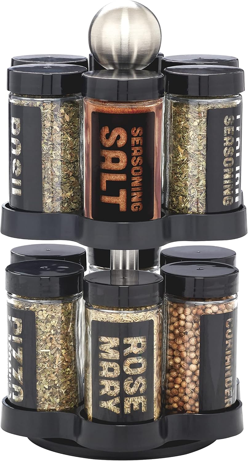 Kamenstein 12 Jar Madison Revolving Countertop Spice Rack with Spices Included, FREE Spice Refills for 5 years, Black Rack with Black Caps