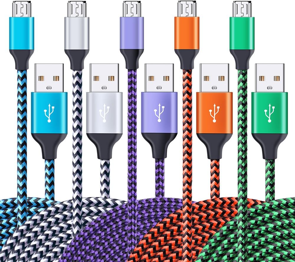 AILKIN Micro USB Cable, 5-Pack 6ft High Speed Nylon Braided Android Charging Cables for Samsung Galaxy J8/J7/S7/S6/Edge/Note5, Sony, Motorola, HTC, LG Android Tablets and More USB to Micro USB Cords