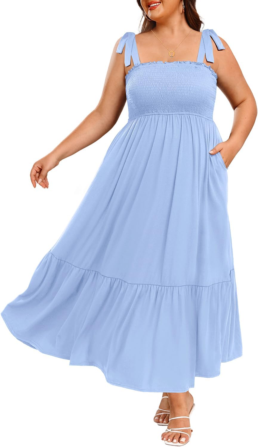 Women' Plus Size Summer Maxi Dress Casual Spaghetti Strap Smocked Tiered Long Beach Sun Dresses