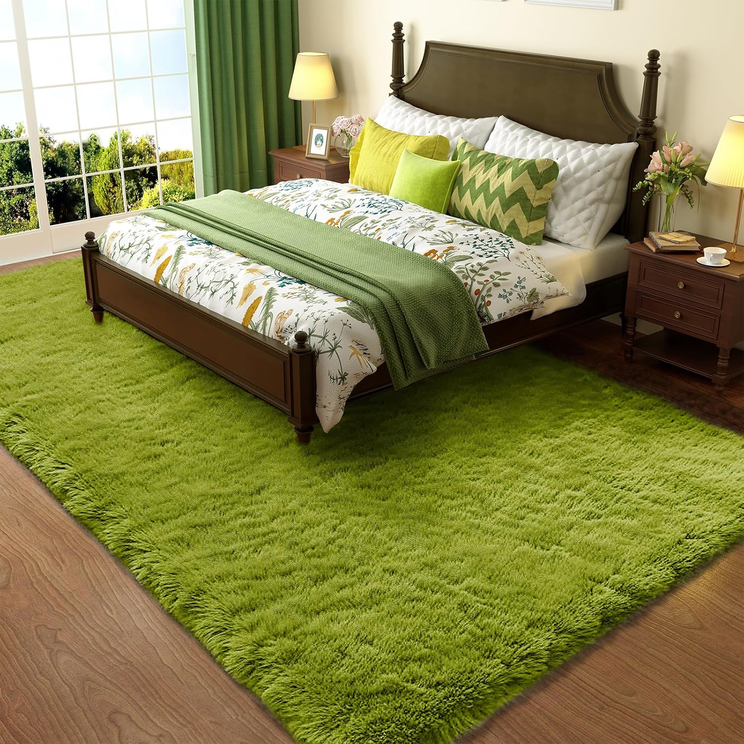 Ophanie Green Grass Area Rugs for Bedroom, 4x6 Shag Fluffy Carpet, Fuzzy Furry Plush Soft Cute Kids Baby Girls Shaggy Bedside Indoor Floor Rug for Teen Dorm Home Decor Aesthetic, Nursery