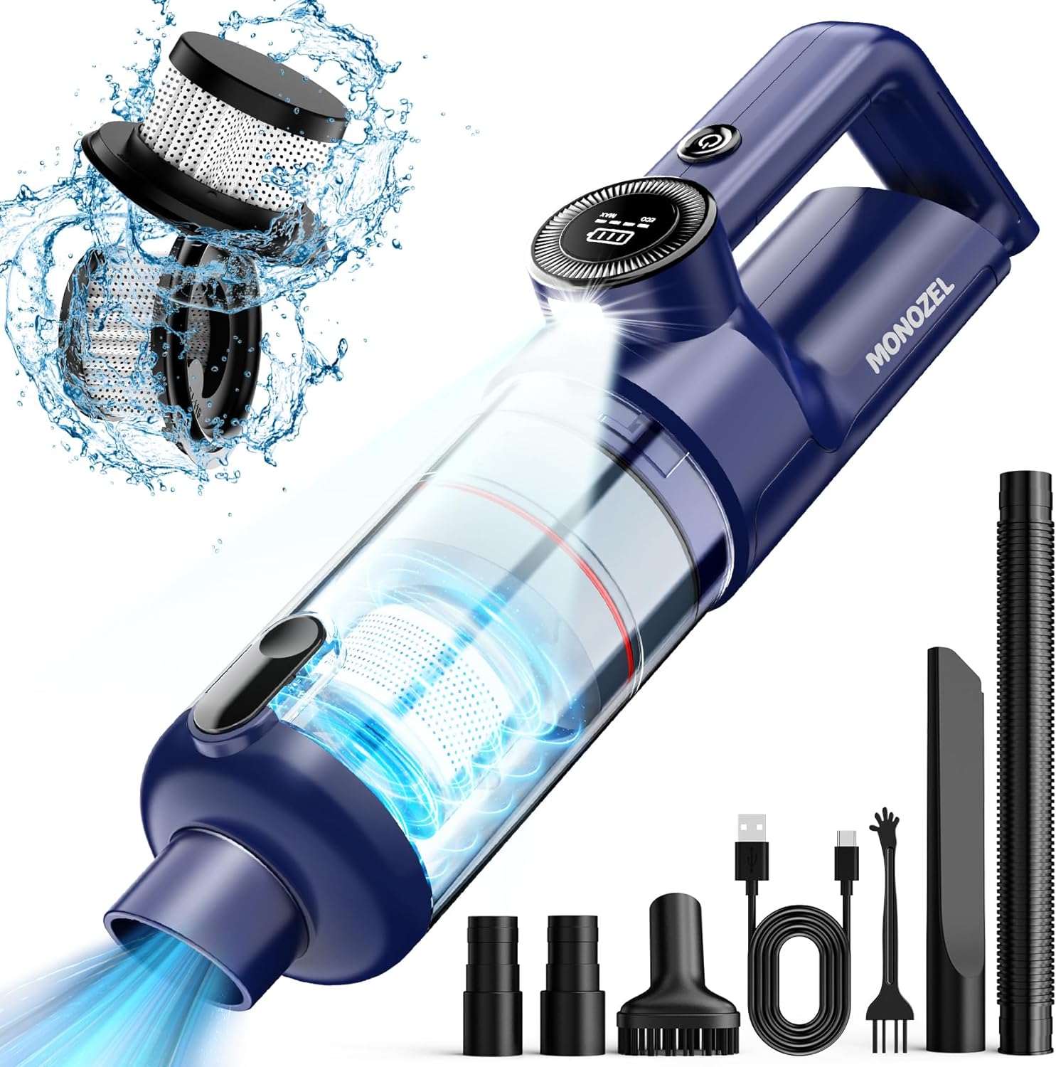 Handheld Vacuum Cordless - Car Vacuum Cleaner with Brushless Motor, 15000Pa Strong Suction Vacuum with LED Light, Type C Port, 2 Fliters, Portable Hand Vacuum for Home, Pet and Car