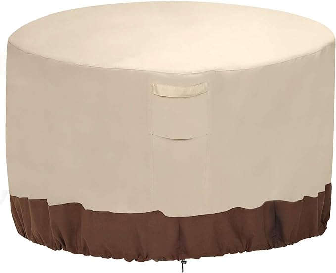 Vailge Fire Pit Cover,100% Waterproof Round Patio Fire Bowl Cover,Outdoor Heavy Duty Gas Firepit Table Covers with Air Vent and Handle,50D x 24H,Beige & Brown