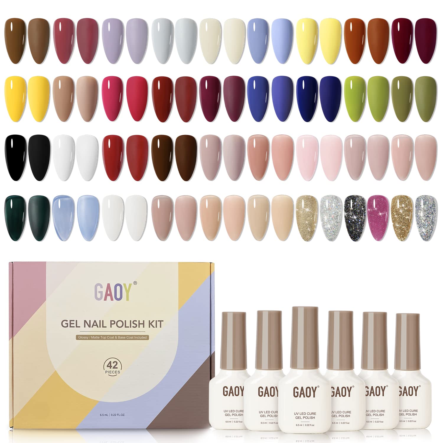 GAOY 42 Pcs Gel Nail Polish Kit, Black Brown Red Glitter Jelly Colors All Seasons Gel Nail Polish Set with Glossy & Matte Top Coat and Base Coat for Nail Art DIY at Home