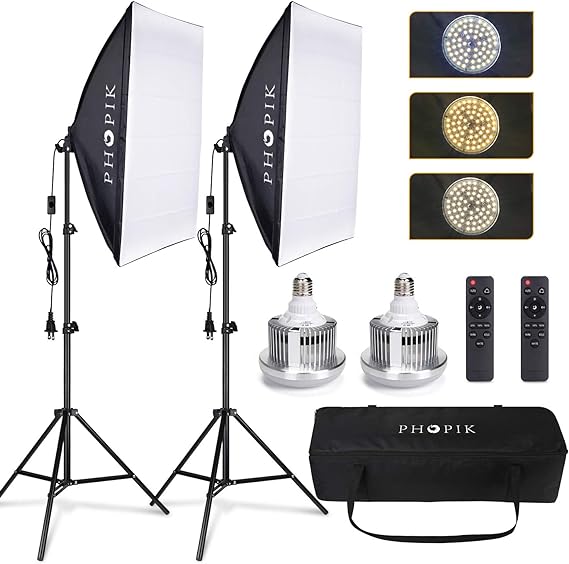 PHOPIK Softbox Lighting Kit 2X20X28 inch Professional Continuous Studio Photography Photo Studio Equipment with 6500K Energy Saving Light Bulb for Portraits and Product Shooting