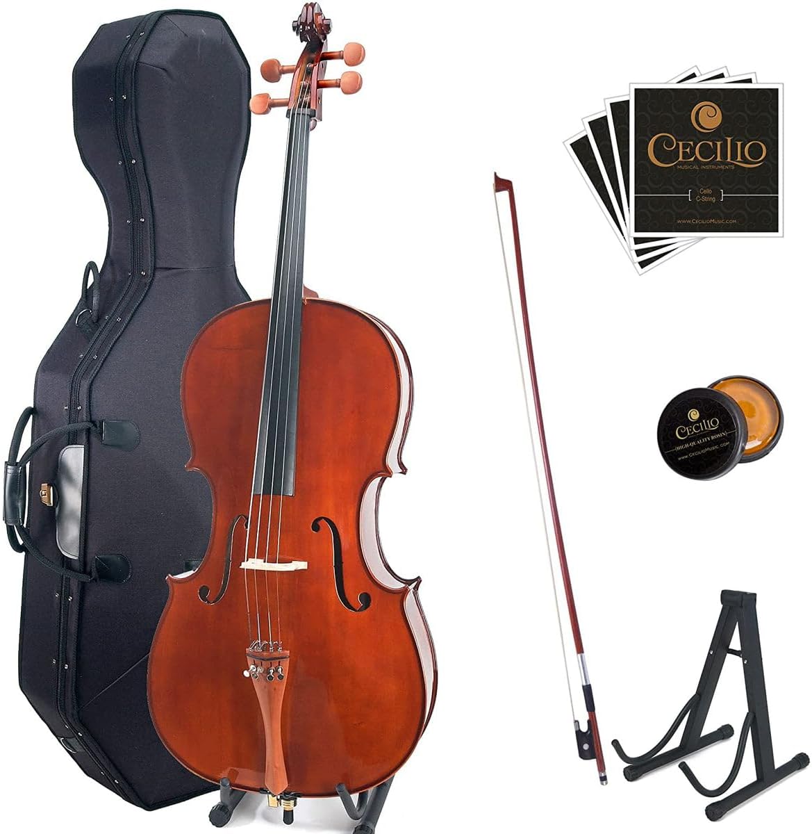 Cecilio CCO-600 Ebony Fitted Hand Oil-Rubbed Highly Flamed Solid Wood Cello, Size 4/4 (Full Size)