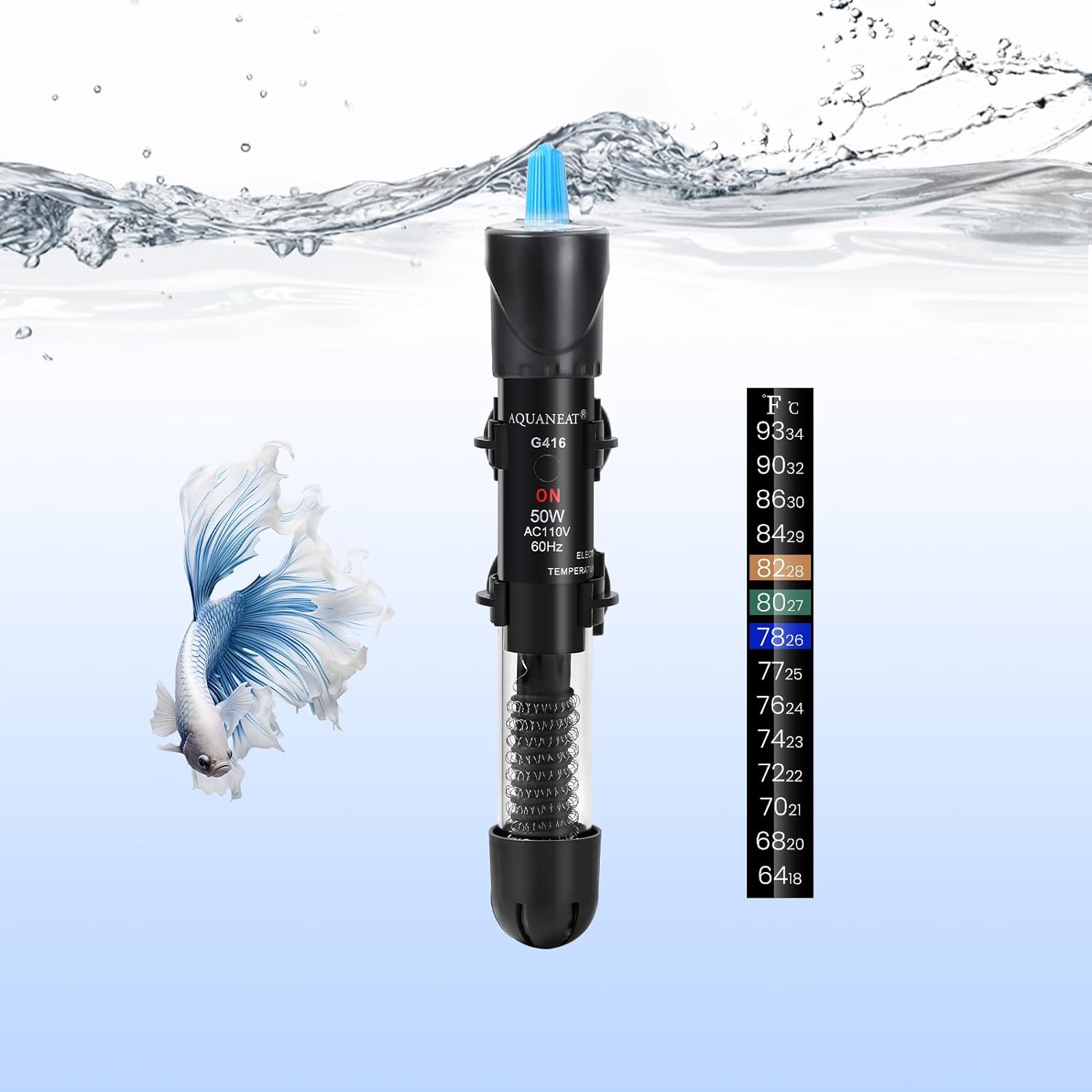 AQUANEAT Aquarium Heater, 50W Fish Tank Heater, Adjustable Submersible Water Thermostat with Thermometer