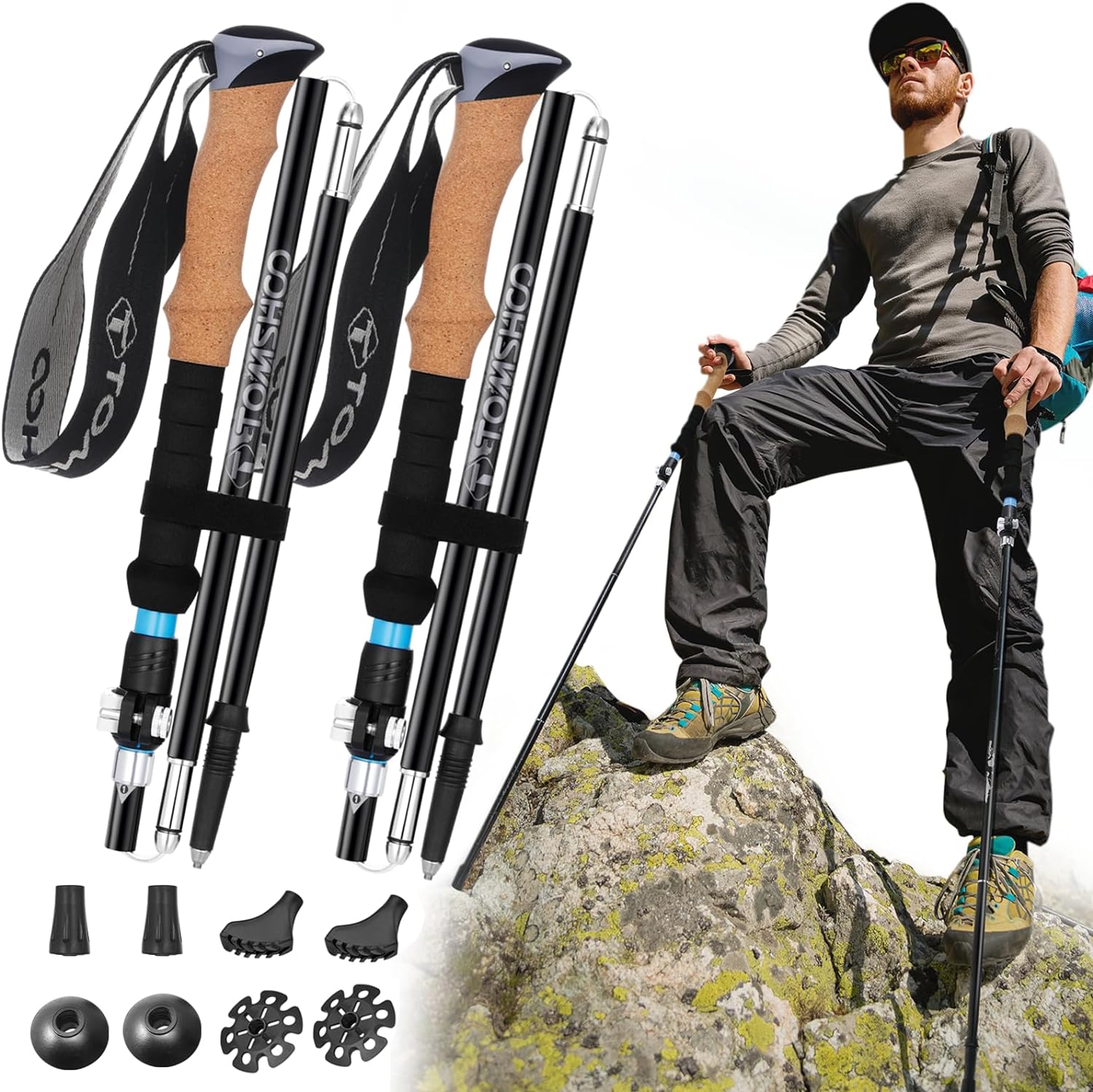 TOMSHOO 2pc Hiking Poles Trekking Poles Collapsible, Ultralight Folding Hiking Stick with Quick Lock System Walking Sticks for Women Men Balance with Extra-Long Foam Handle and Flip Lock