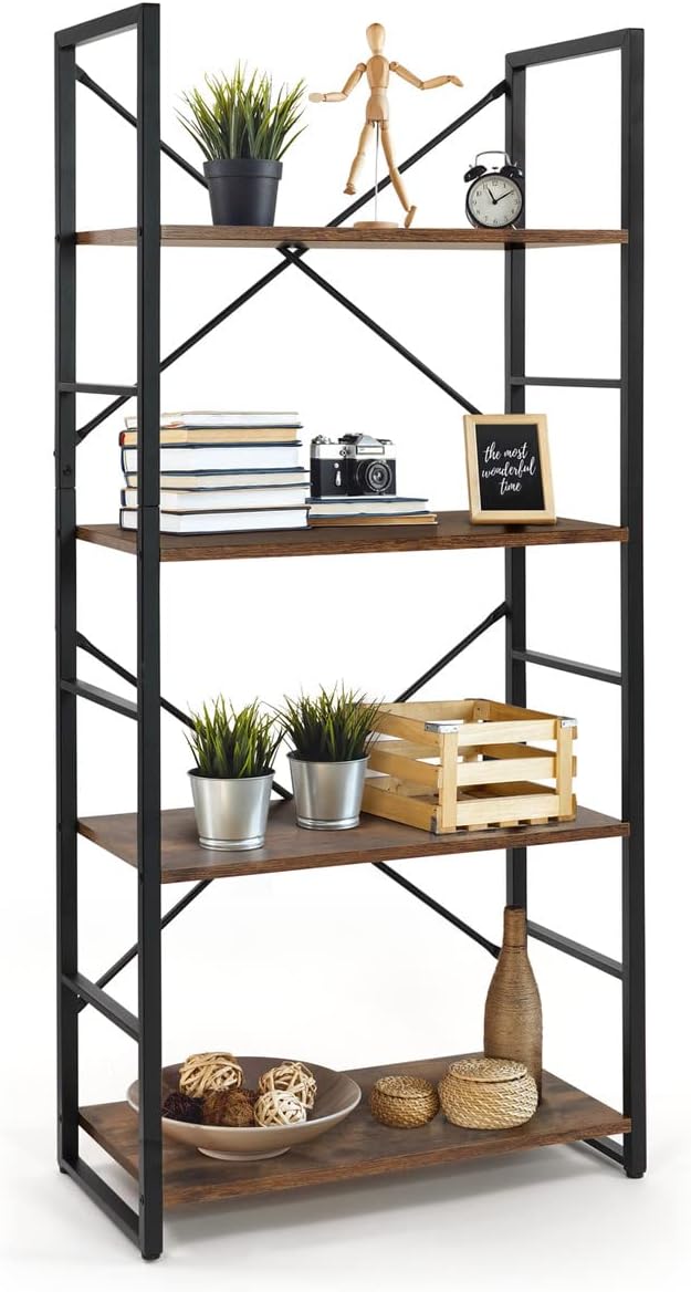 CAPHAUS 4 Tier Bookshelf, 24 Inch Width Free Standing Shelf, Bookcase Shelf Storage Organizer, Industrial Book Shelves for Home Office, Living Room, Kitchen, Rustic Oak Vintage Shelves & Metal Frame