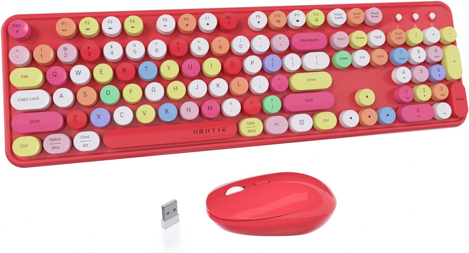 UBOTIE Colorful Computer Wireless Keyboard Mouse Combos, Typewriter Flexible Keys Office Full-Sized Keyboard, 2.4GHz Dropout-Free Connection and Optical Mouse (Red-Polychrome)