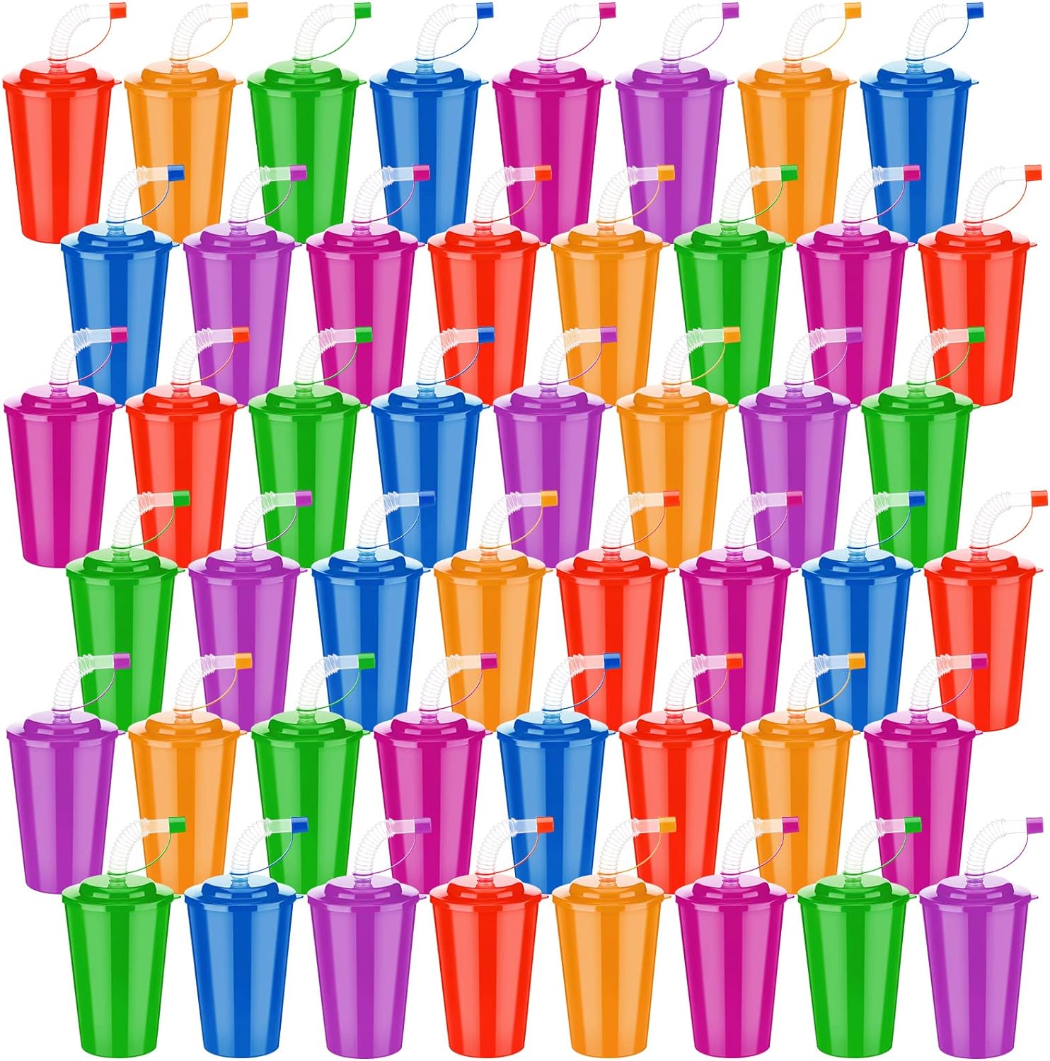 Zubebe Neon Straws Kids Cups 12 oz Colorful Neon Cups with Sipper and Lids Plastic Cups Favor Cups Reusable Straw Cups for Birthday Party Events Supplies, 6 Colors