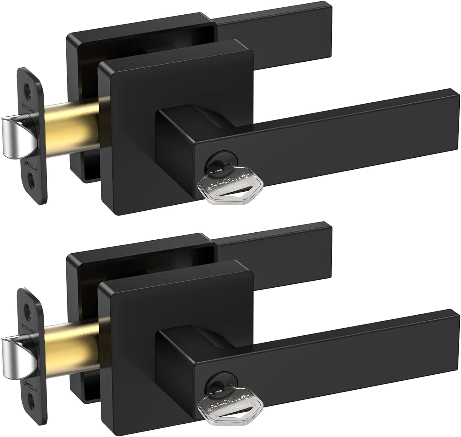 TICONN 2Pk Door Handle Heavy Duty, Reversible Square Door Lever for Bedroom, Bathroom and Rooms (Black, Keyed Entry - Keyed Alike, 2 Pack)