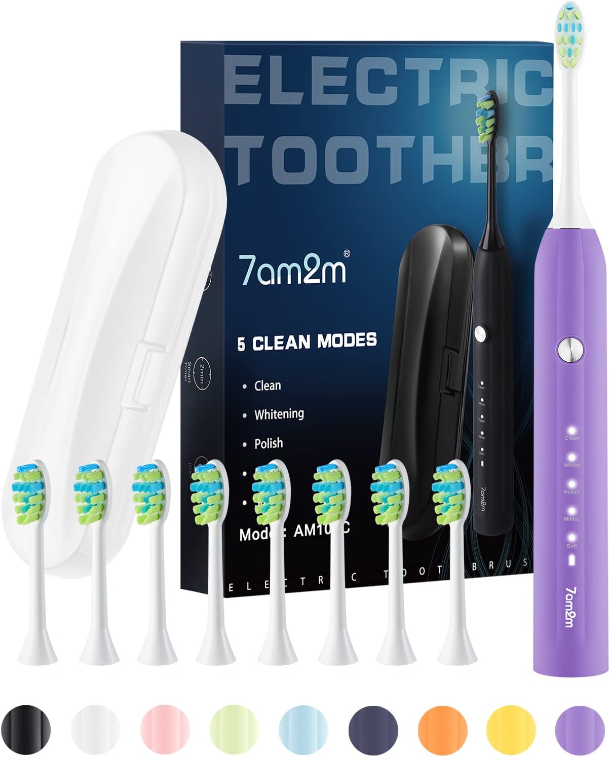 7AM2M Electric Toothbrush for Adults, Sonic Toothbrush with 8 DuPont Brush Heads, Travel Case, Rechargeable, 2-Minute Timer, Purple