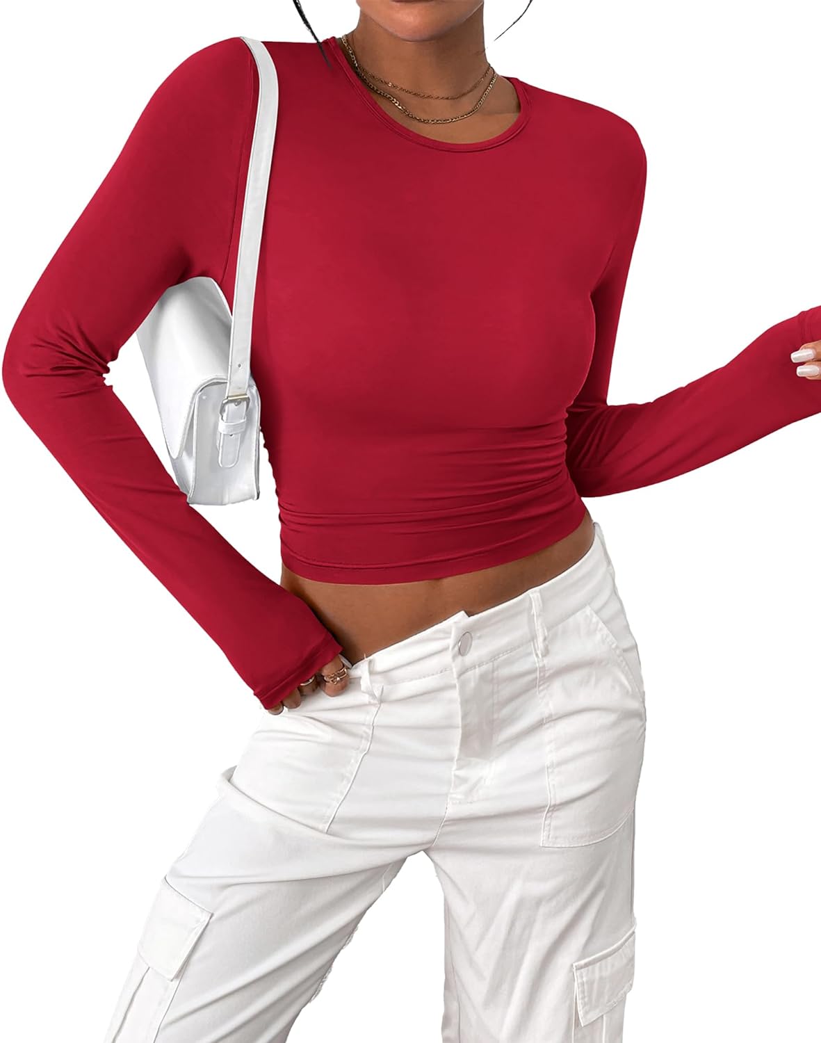 BTFBM Women' Long Sleeve Shirts 2024 Summer Fall Ruched Crew Neck Activewear Y2K Tight Slim Fit Casual Basic Crop Tops